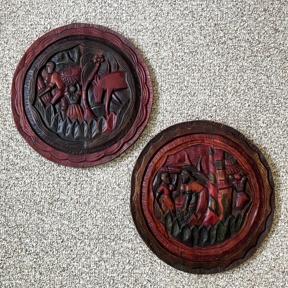 Carved Wood Primitive African Tribal Hanging Wall Art Relief Plaque Red Tiki 15"